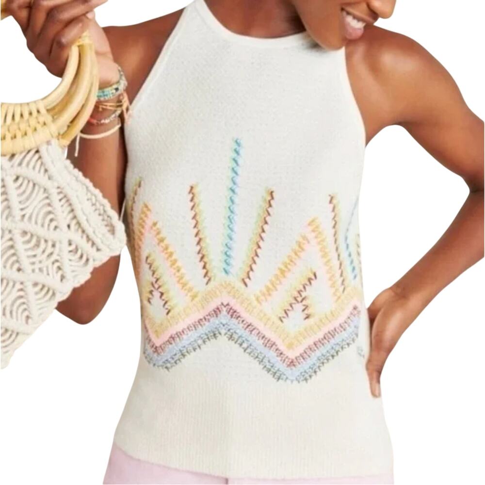 Anthropologie Cream Rainbow Cross Stitch Sunrise Embroidered Knit Tank Top Sz XS